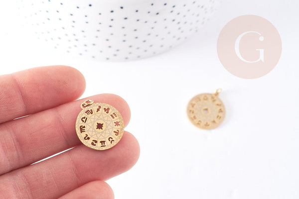 Pendentif médaille ronde astrologie acier doré 22mm, x1 (G1613)