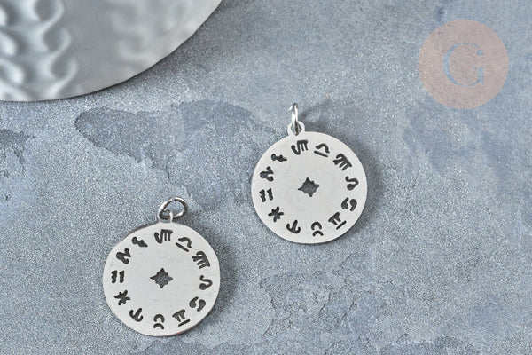 Pendentif médaille ronde astrologie argenté acier inoxydable 22mm,signe astrologique, , x1 G7602