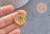 Pendentif médaille ronde boussole étoile laiton doré 18K zircons 25.5mm, x1 (G3554)