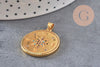 Pendentif médaille ronde boussole étoile laiton doré 18K zircons 25.5mm, x1 (G3554)