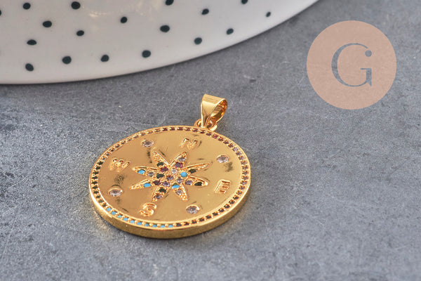 Pendentif médaille ronde boussole étoile laiton doré 18K zircons 25.5mm, x1 (G3554)