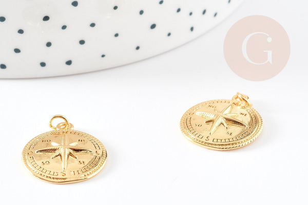 Pendentif médaille ronde boussolle étoile laiton doré 18K 21.5mm, x1 (G5330)