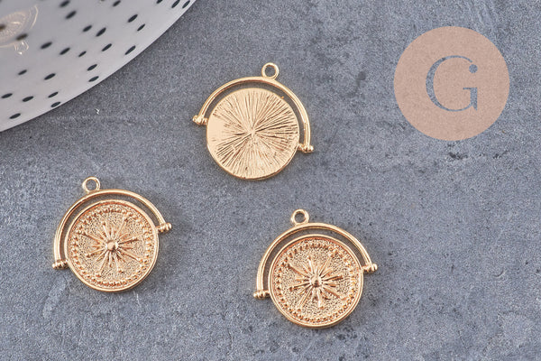 Pendentif médaille ronde boussolle étoile laiton doré 18K, un pendentif doré boussole pour création bijoux, x1 (G6080)
