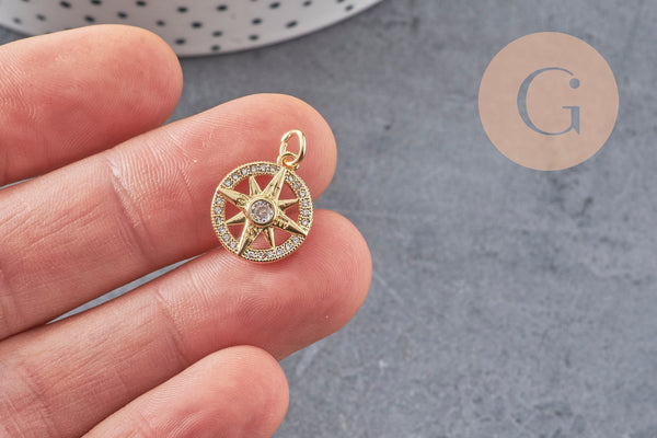 Pendentif médaille ronde boussolle étoile laiton doré 18K zircons 16mm, x1 (G3586)