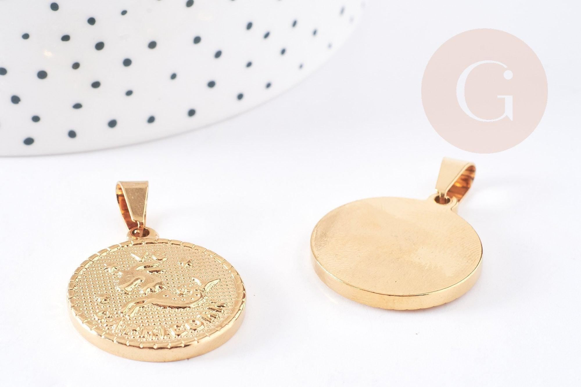 Pendentif médaille ronde capricorne acier doré 29mm, x1 G0818