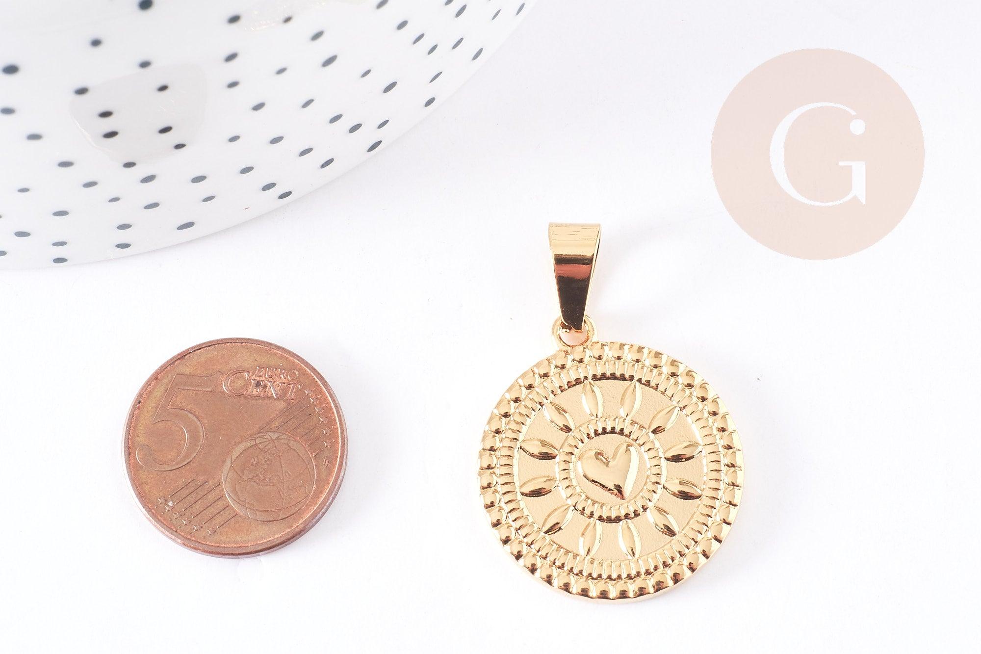 Pendentif médaille ronde cœur acier 304 inoxydable doré 25mm, x1 (G2051)