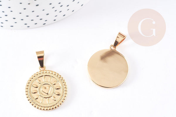 Pendentif médaille ronde cœur acier 304 inoxydable doré 25mm, x1 (G2051)