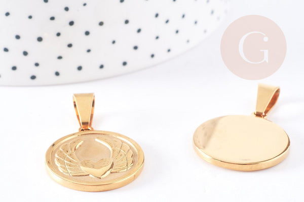Pendentif médaille ronde coeur ailé acier inoxydable doré 28.5mm, x1 (G4054)