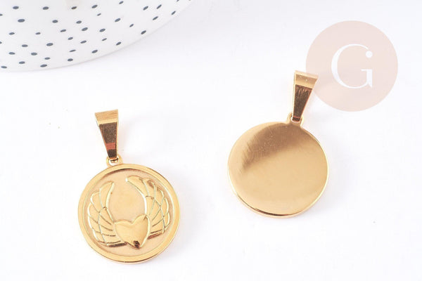 Pendentif médaille ronde coeur ailé acier inoxydable doré 28.5mm, x1 (G4054)