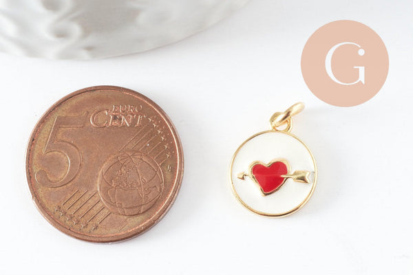 Pendentif médaille ronde coeur oeil émail rouge laiton doré ,pendentif laiton amour 14mm, x1 (G4292)