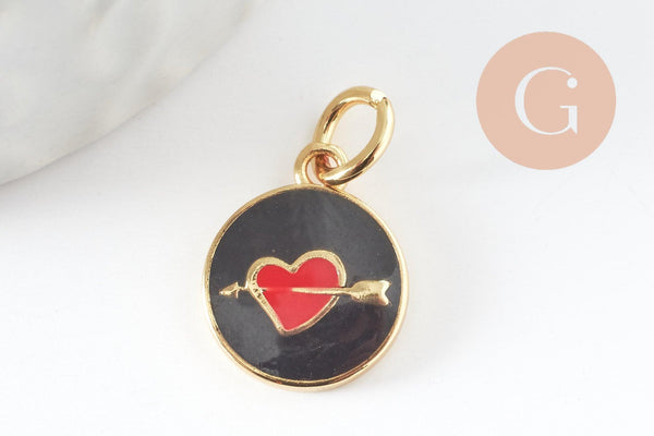 Pendentif médaille ronde coeur oeil émail rouge laiton doré ,pendentif laiton amour 14mm, x1 (G4292)