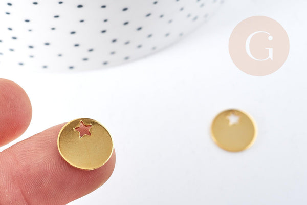 Pendentif médaille ronde étoile acier 201 doré inoxydable 12.5mm, x1 (G8818)