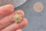 Pendentif médaille ronde étoile laiton doré zircons colorés, un pendentif doré avec cristaux pour création bijoux,24mm, x1 (G3377)
