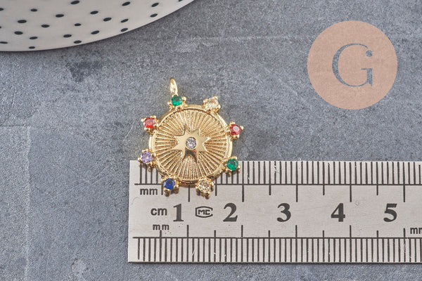 Pendentif médaille ronde étoile laiton doré zircons colorés, un pendentif doré avec cristaux pour création bijoux,24mm, x1 (G3377)