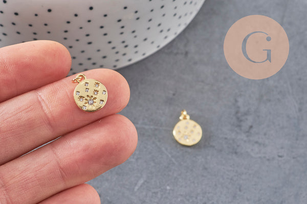 Pendentif médaille ronde étoiles laiton doré zircons, un pendentif doré avec cristaux pour création bijoux,14mm, x1 (G4748)