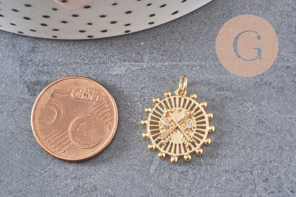 Pendentif médaille ronde flèches laiton doré 18K zircons, un pendentif doré avec cristal pour création bijoux,18.5mm, x1 (G3556)