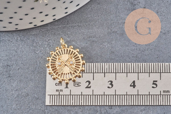 Pendentif médaille ronde flèches laiton doré 18K zircons, un pendentif doré avec cristal pour création bijoux,18.5mm, x1 (G3556)