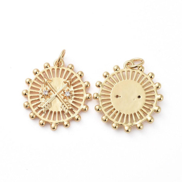 Pendentif médaille ronde flèches laiton doré 18K zircons, un pendentif doré avec cristal pour création bijoux,18.5mm, x1 (G3556)