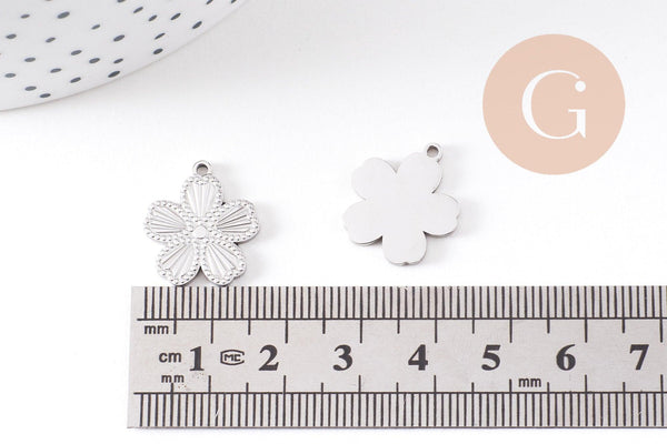 Pendentif médaille ronde fleur acier 304 inoxydable platine 17.5mm, x1 (G10480)