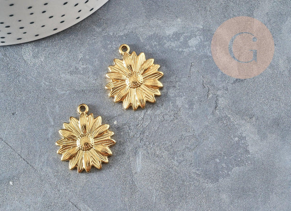 Pendentif médaille ronde fleur tournesol acier 304 inoxydable doré PVD 25.5mm x1 (G2921)