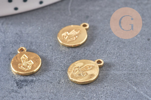 Pendentif médaille ronde laiton doré diamant gem, une médaille dorée ronde pour création de bijoux,12.5mm, x1 (G3564)