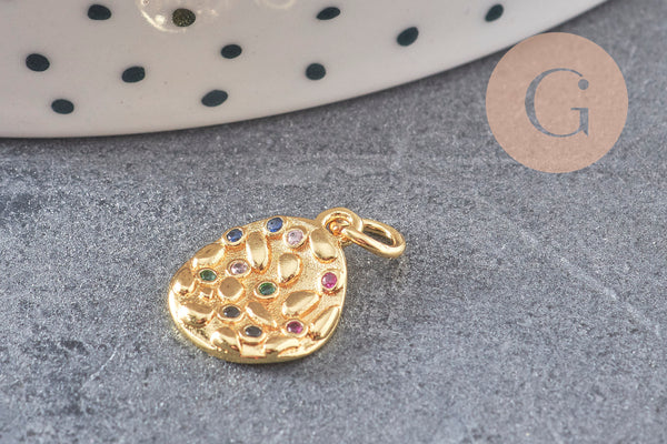Pendentif médaille ronde laiton doré zircons coloré 13.6mm, un pendentif doré avec cristaux pour création bijoux, x1 (G6303)