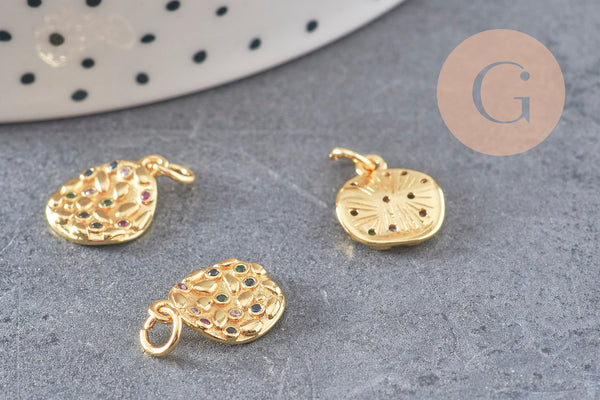 Pendentif médaille ronde laiton doré zircons coloré 13.6mm, un pendentif doré avec cristaux pour création bijoux, x1 (G6303)