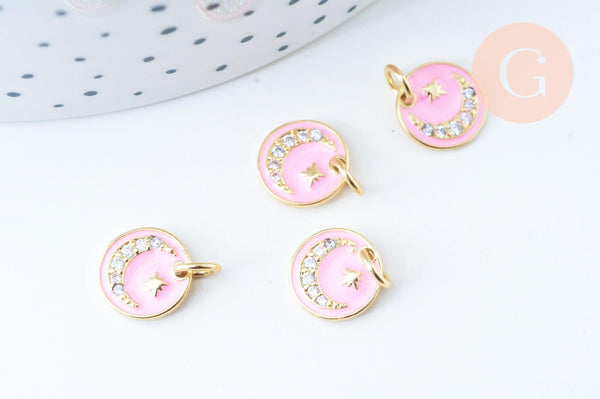 Pendentif médaille ronde lune émail rose laiton doré 18K et cristal zircon 10mm,pendentif laiton chance pour création bijoux,x1 G6076