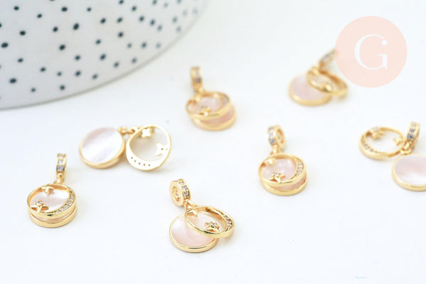 Pendentif médaille ronde lune laiton doré nacre mobile 13.5mm, pendentif nacre laiton doré pour création bijoux,médaille or, x1 G5682