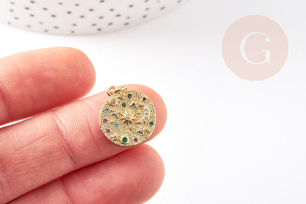 Pendentif médaille ronde lune laiton doré zircons colorés 17mm, x1 (G4749)
