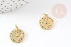 Pendentif médaille ronde lune laiton doré zircons colorés 17mm, x1 (G4749)