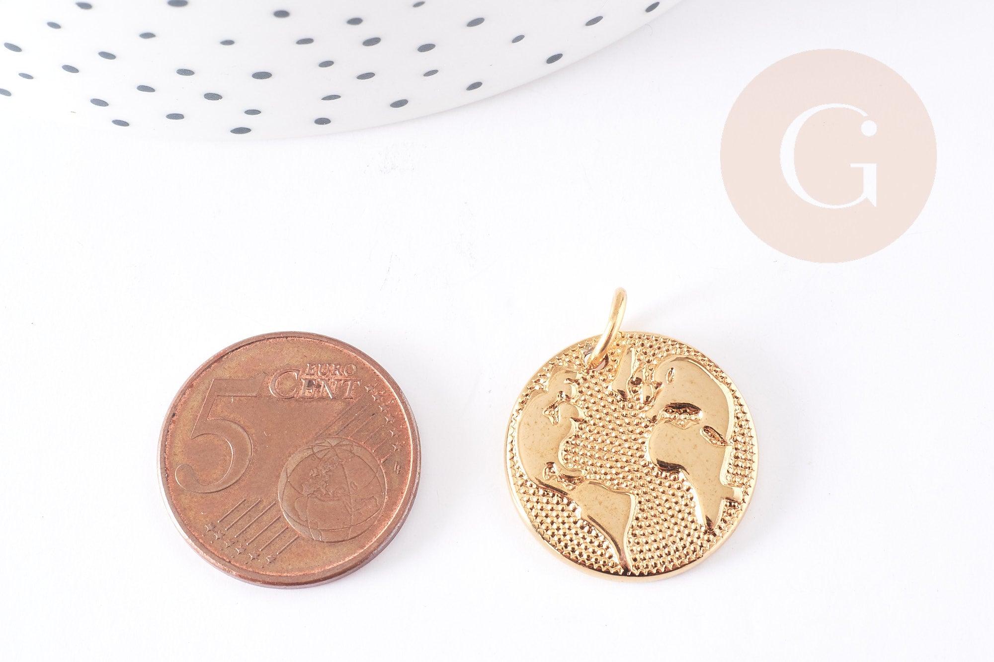 Pendentif médaille ronde monde acier 304 inoxydable doré à graver 21mm, x1 (G2954)