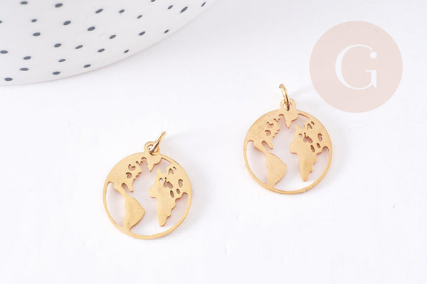 Pendentif médaille ronde monde acier doré, pendentif doré,sans nickel,acier doré, création bijoux,médaille or,20mm,x1 (G2930)