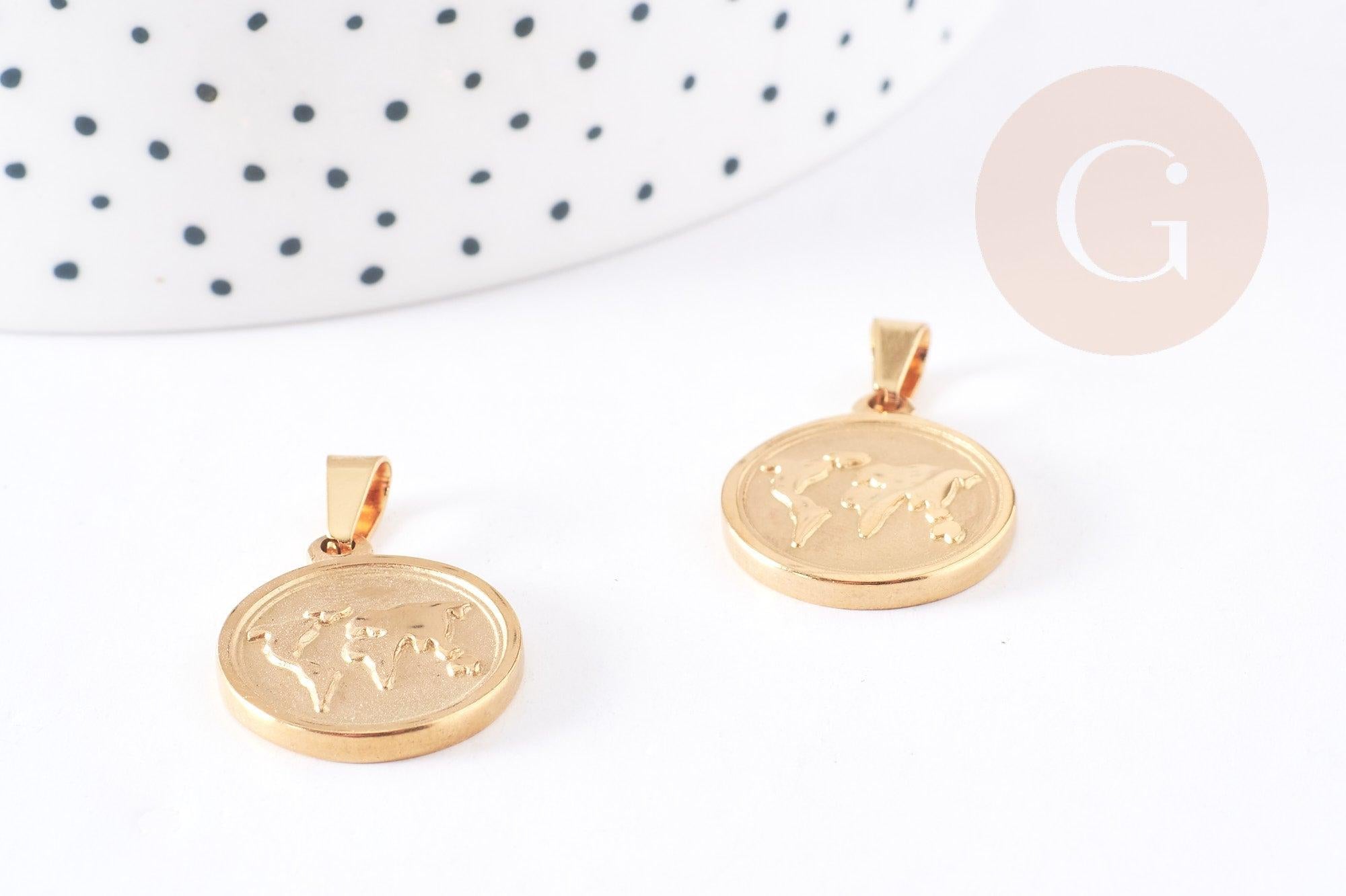 Pendentif médaille ronde monde acier doré, pendentif doré,sans nickel,acier doré, médaille or,2.1cm,x1 (G1828)