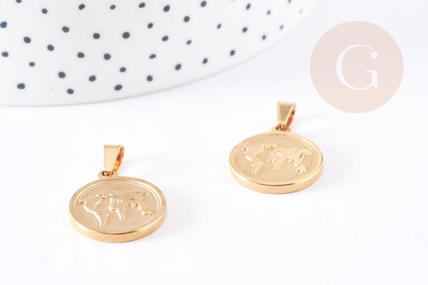 Pendentif médaille ronde monde acier doré, pendentif doré,sans nickel,acier doré, médaille or,2.1cm,x1 (G1828)