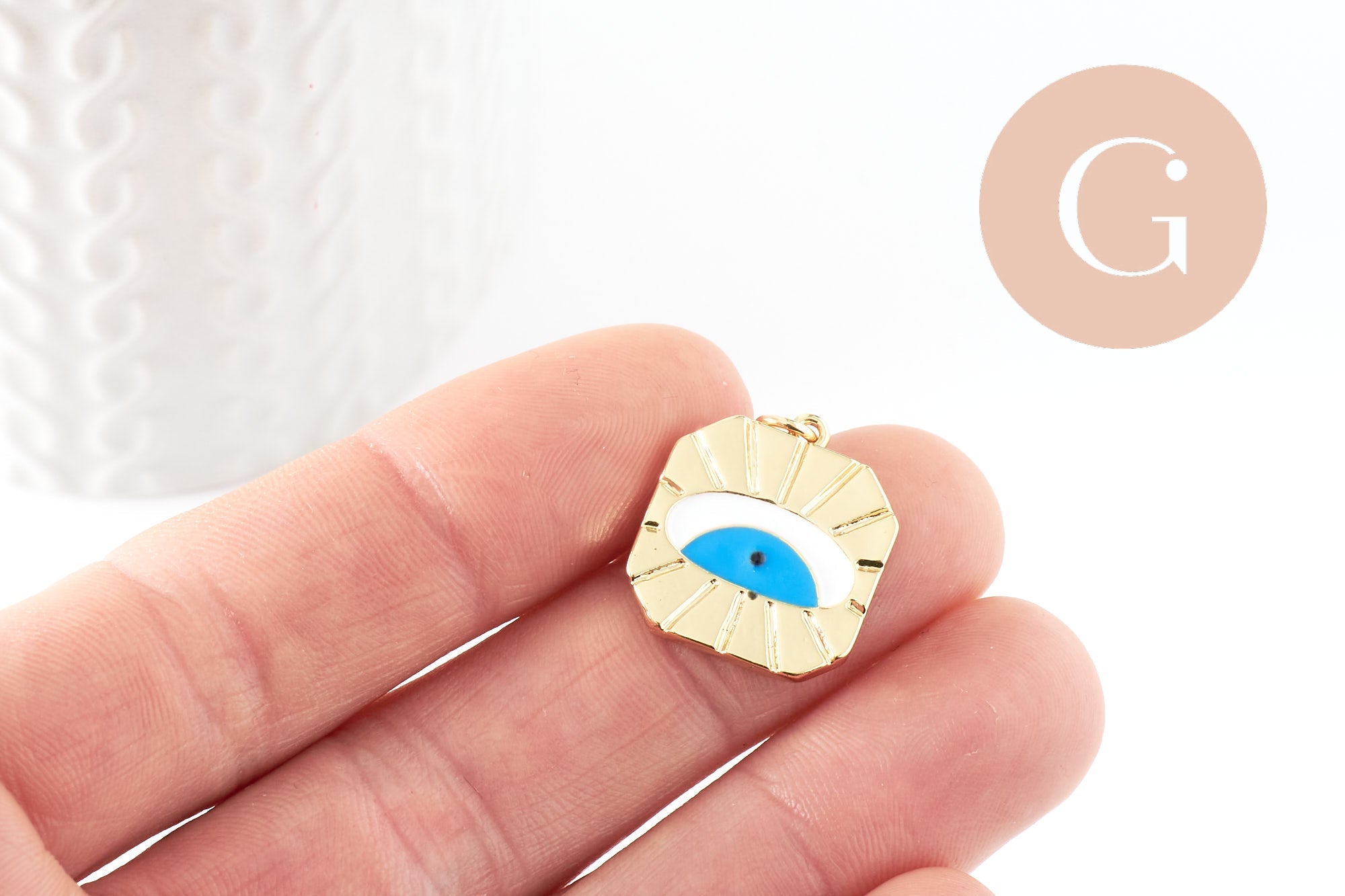 Pendentif médaille ronde oeil émail blanc bleu laiton doré 18K et cristal zircon,pendentif laiton création bijoux,20.6mm,x1 (G3580)