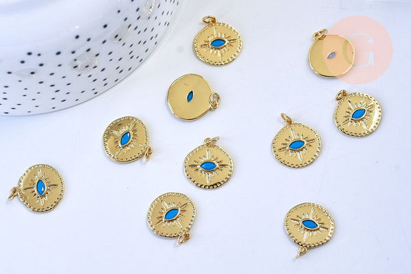 Pendentif médaille ronde oeil émail bleu laiton doré 18K et cristal zircon,pendentif laiton chance pour création bijoux,19mm, x1 G5645
