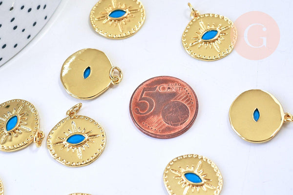 Pendentif médaille ronde oeil émail bleu laiton doré 18K et cristal zircon,pendentif laiton chance pour création bijoux,19mm, x1 G5645