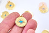 Pendentif médaille ronde oeil émail bleu laiton doré 18K et cristal zircon,pendentif laiton chance pour création bijoux,19mm, x1 G5645