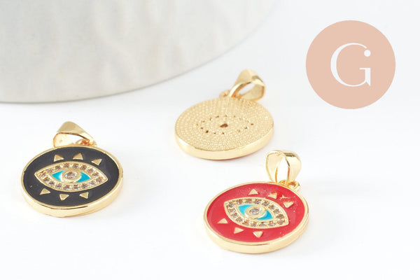 Pendentif médaille ronde oeil émail rouge laiton doré 18K et cristal zircon,pendentif laiton amour pour création bijoux,16mm, x1 (G3298)