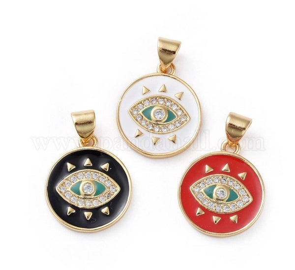 Pendentif médaille ronde oeil émail rouge laiton doré 18K et cristal zircon,pendentif laiton amour pour création bijoux,16mm, x1 (G3298)