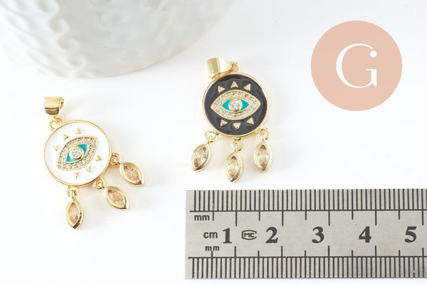 Pendentif médaille ronde oeil émail rouge laiton doré 18K et cristal zircon,pendentif laiton amour pour création bijoux,28mm, x1 (G3579)