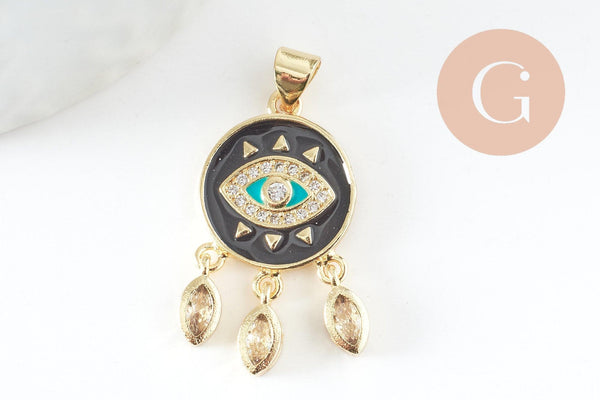 Pendentif médaille ronde oeil émail rouge laiton doré 18K et cristal zircon,pendentif laiton amour pour création bijoux,28mm, x1 (G3579)