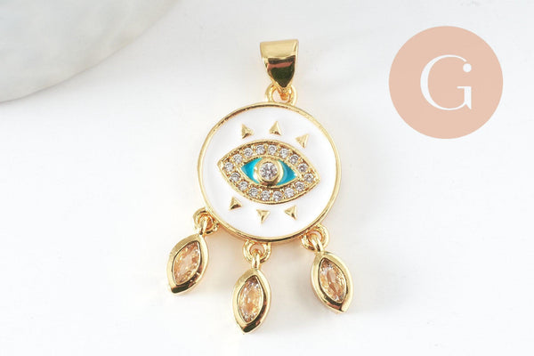 Pendentif médaille ronde oeil émail rouge laiton doré 18K et cristal zircon,pendentif laiton amour pour création bijoux,28mm, x1 (G3579)