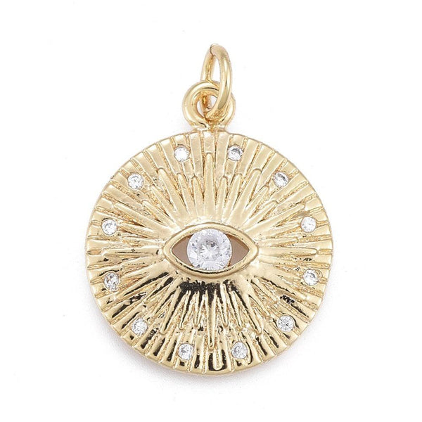 Pendentif médaille ronde oeil laiton doré 18K texturé zircon, pendentif doré sans nickel pour la création médaille or,19mm, x1 G4082