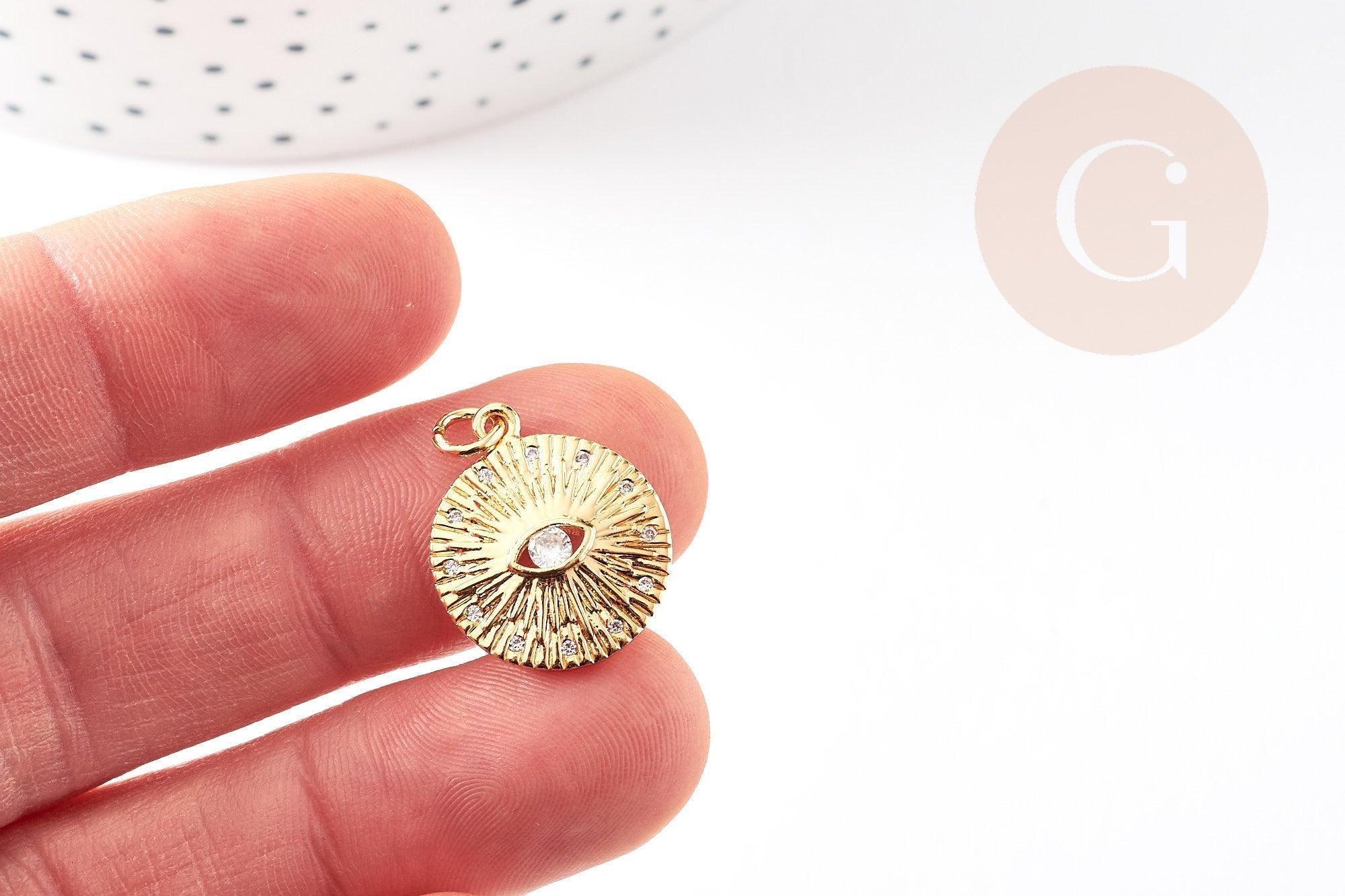 Pendentif médaille ronde oeil laiton doré 18K texturé zircon, pendentif doré sans nickel pour la création médaille or,19mm, x1 G4082