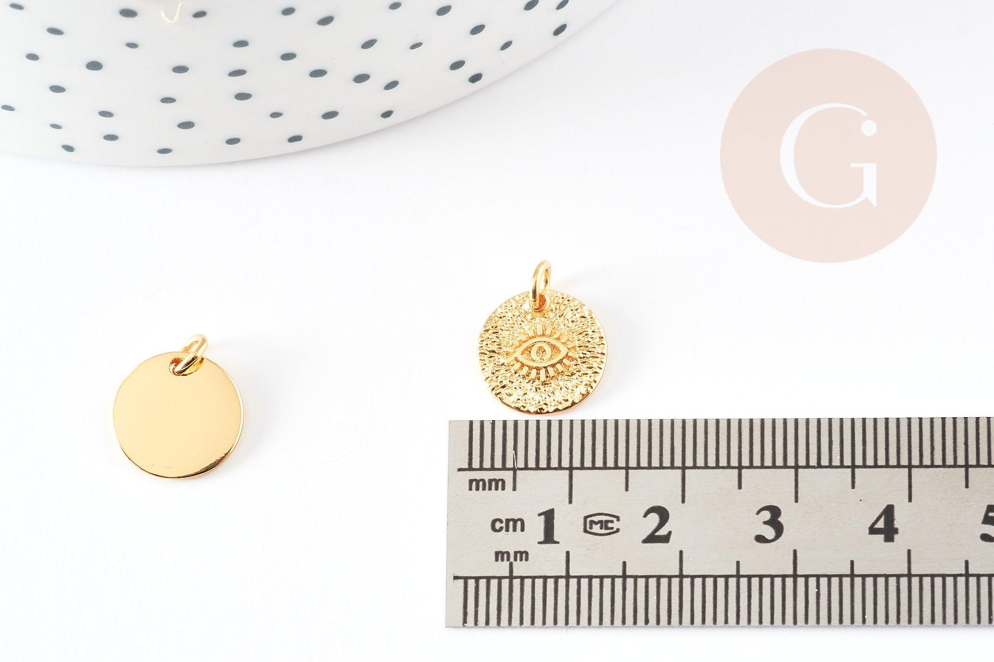 Pendentif médaille ronde oeil laiton doré texturé, un pendentif doré sans nickel pour la création bijoux,médaille or,12mm, x1 G5293