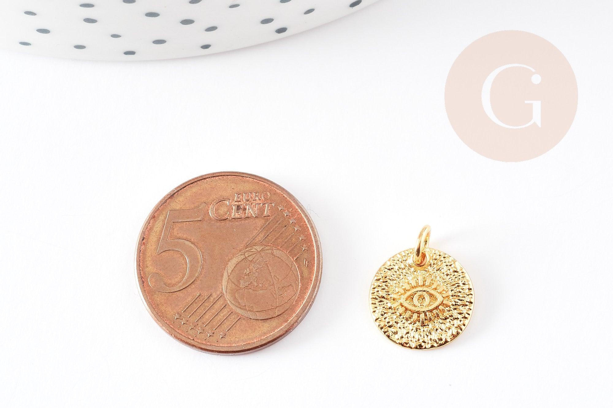Pendentif médaille ronde oeil laiton doré texturé, un pendentif doré sans nickel pour la création bijoux,médaille or,12mm, x1 G5293