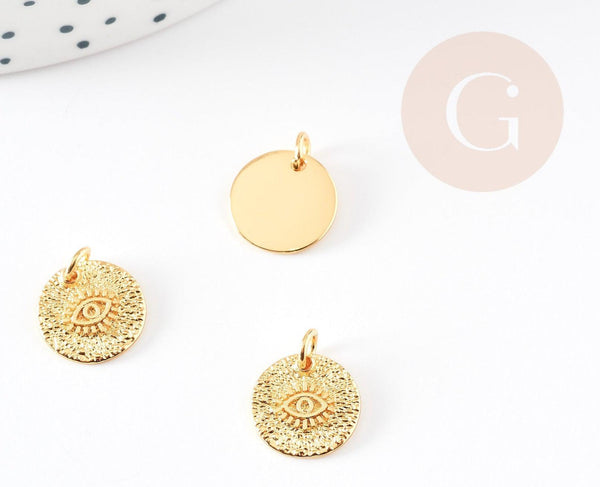 Pendentif médaille ronde oeil laiton doré texturé, un pendentif doré sans nickel pour la création bijoux,médaille or,12mm, x1 G5293