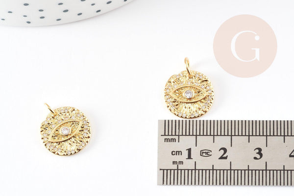 Pendentif médaille ronde oeil laiton doré texturé zircon 12mm, x1 (G3331)